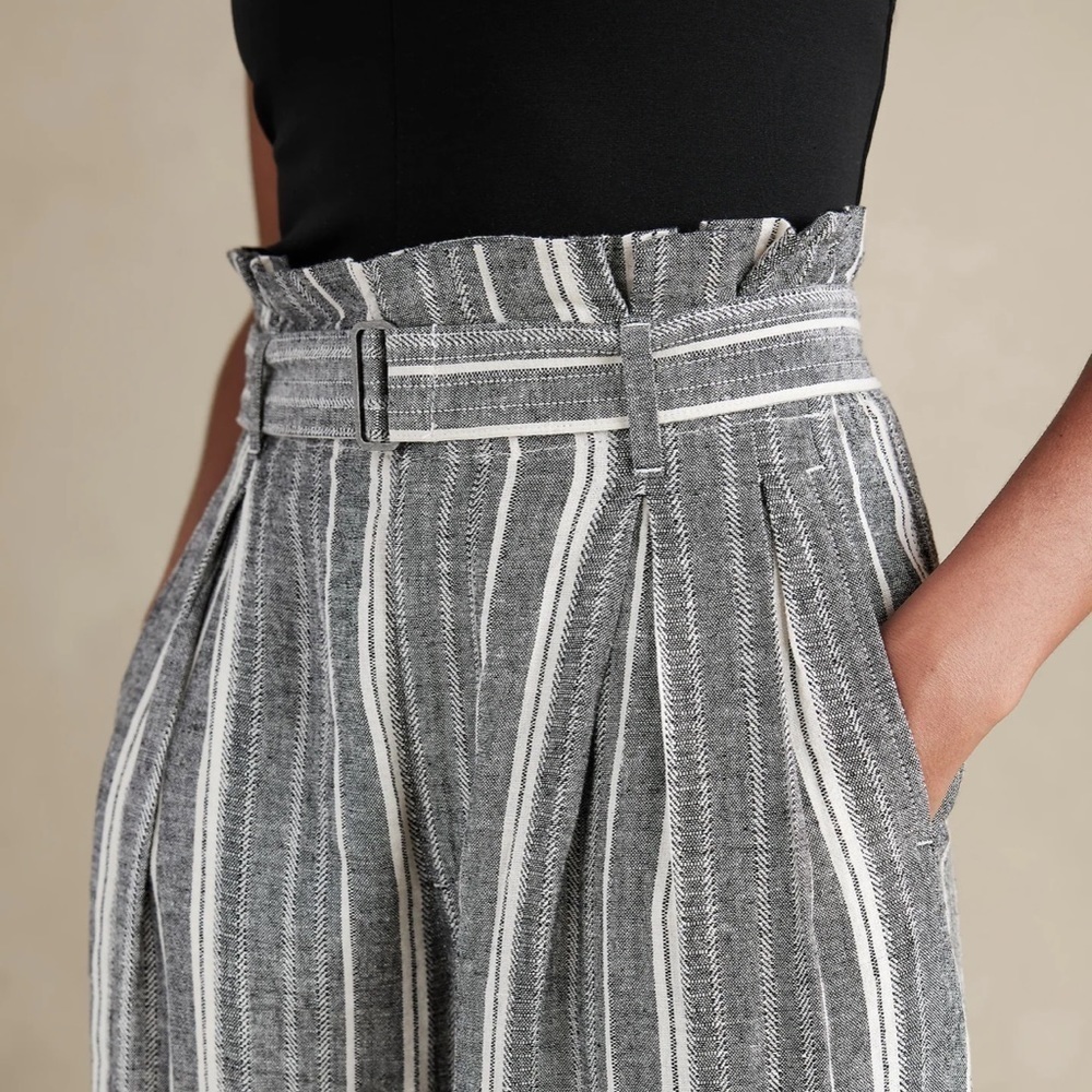 Linen Paper Bag Pant Blue Stripe Pockets Banana Republic Belted Women’s 10 - Picture 4 of 11
